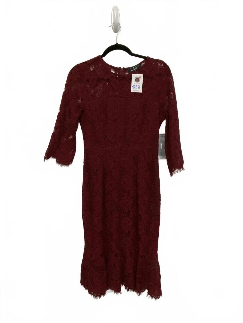 Lulus Burgundy Lace Midi Dress with 3/4 Sleeves Lined Church Sunday Mother small